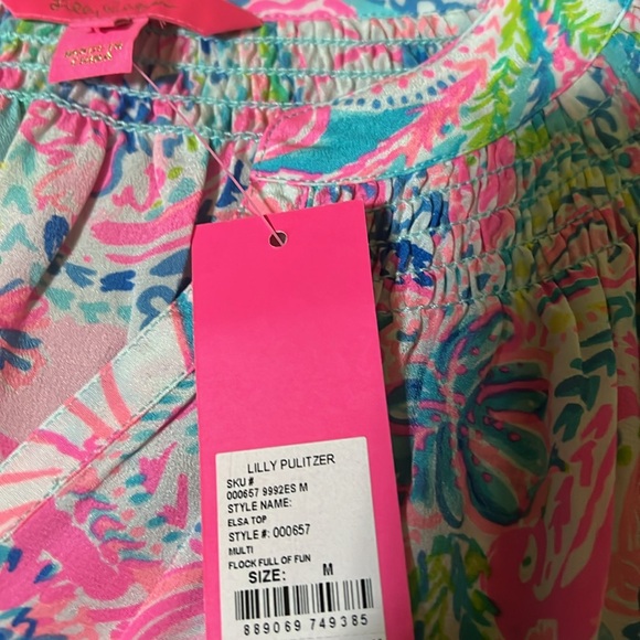 Lilly Pulitzer ELSA 100% Silk Top Flock Full of Fun Pink Blue Blouse size Medium - Picture 5 of 7